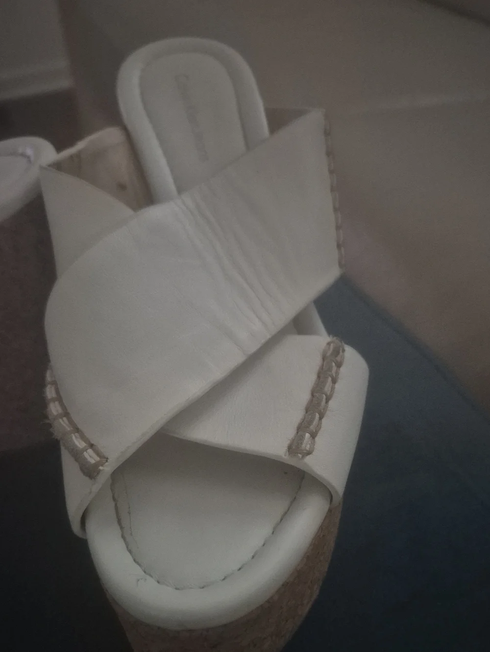 Calvin Klein White Cross-Strap Cork Platform Wedge Slides